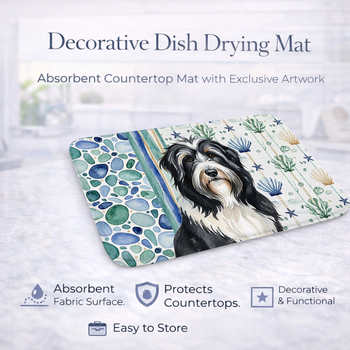 Picture of Carolines Treasures WDK6901DDM 21 x 14 in. Black Bearded Collie Coastal Sea Glass Dish Drying Mat