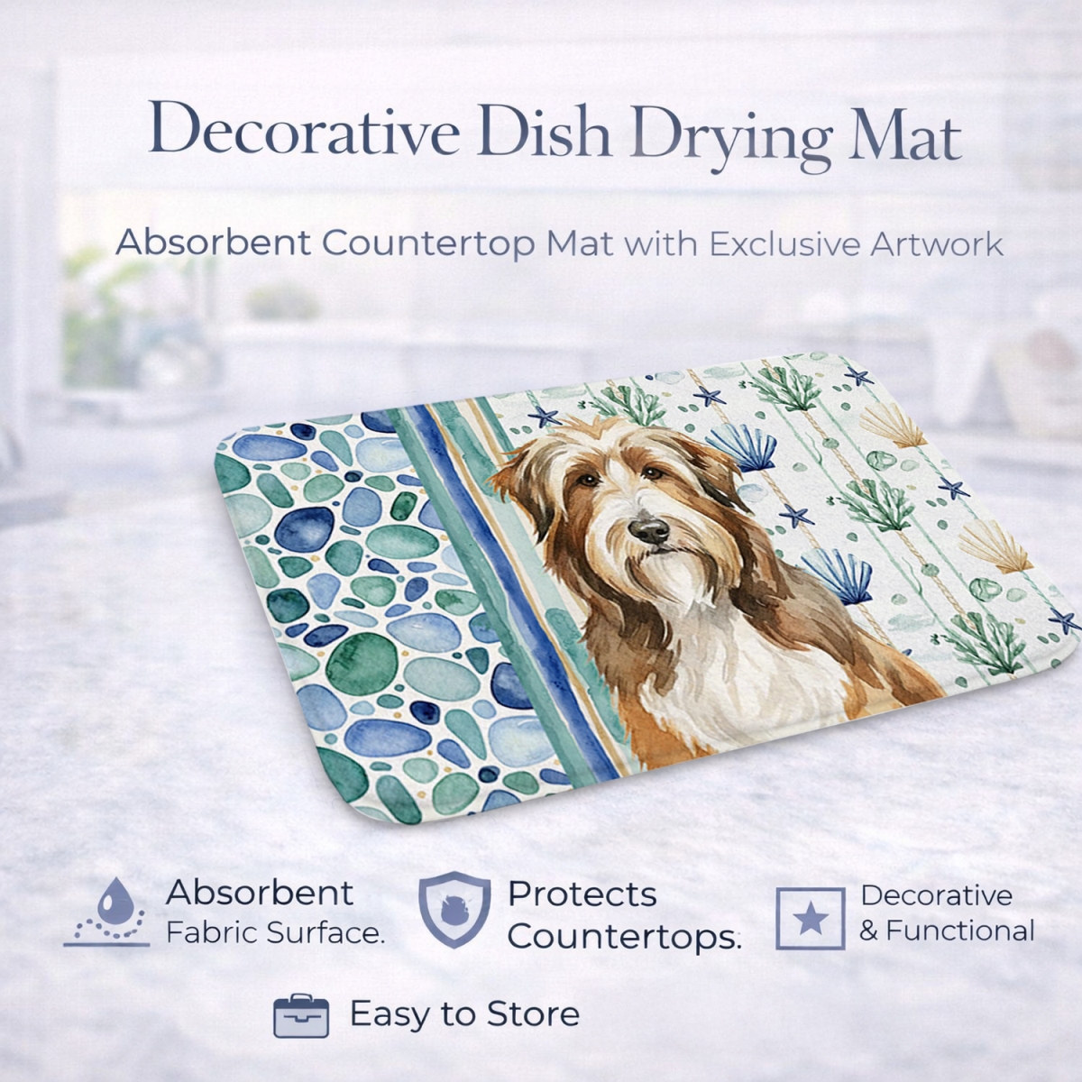 Picture of Carolines Treasures WDK6902DDM 21 x 14 in. Brown Bearded Collie Coastal Sea Glass Dish Drying Mat