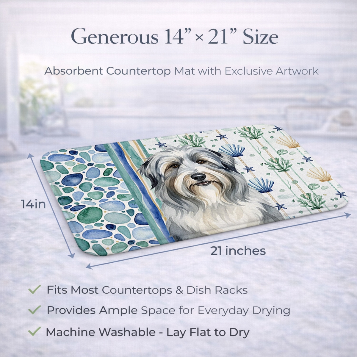 Picture of Carolines Treasures WDK6903DDM 21 x 14 in. Bearded Collie Coastal Sea Glass Dish Drying Mat