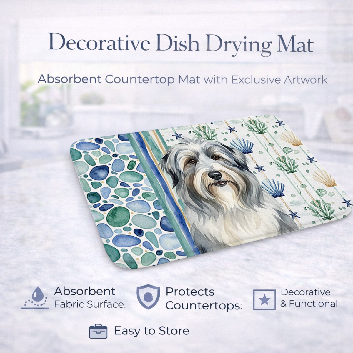 Picture of Carolines Treasures WDK6903DDM 21 x 14 in. Bearded Collie Coastal Sea Glass Dish Drying Mat