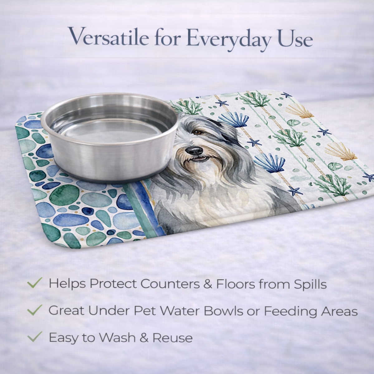 Picture of Carolines Treasures WDK6903DDM 21 x 14 in. Bearded Collie Coastal Sea Glass Dish Drying Mat