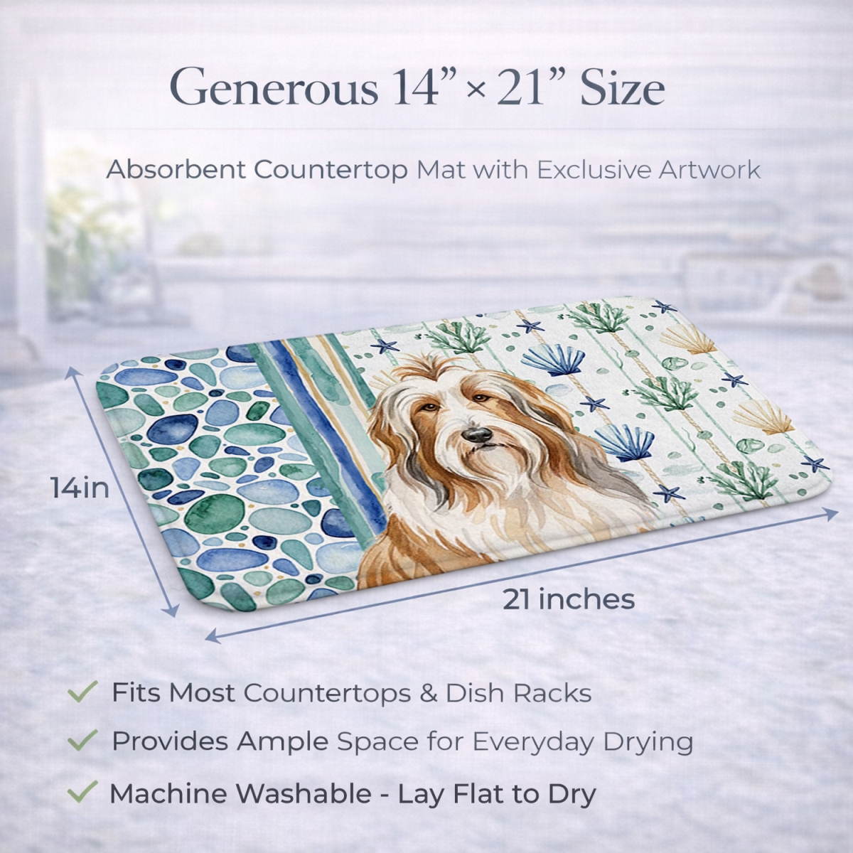 Picture of Carolines Treasures WDK6904DDM 21 x 14 in. Fawn Bearded Collie Coastal Sea Glass Dish Drying Mat