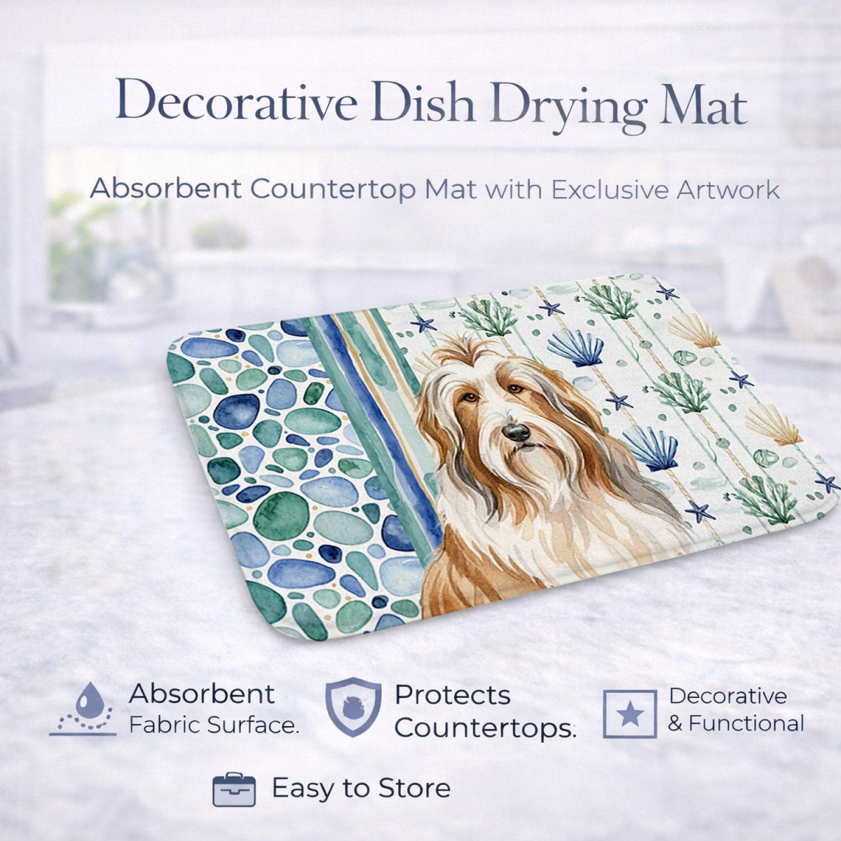 Picture of Carolines Treasures WDK6904DDM 21 x 14 in. Fawn Bearded Collie Coastal Sea Glass Dish Drying Mat