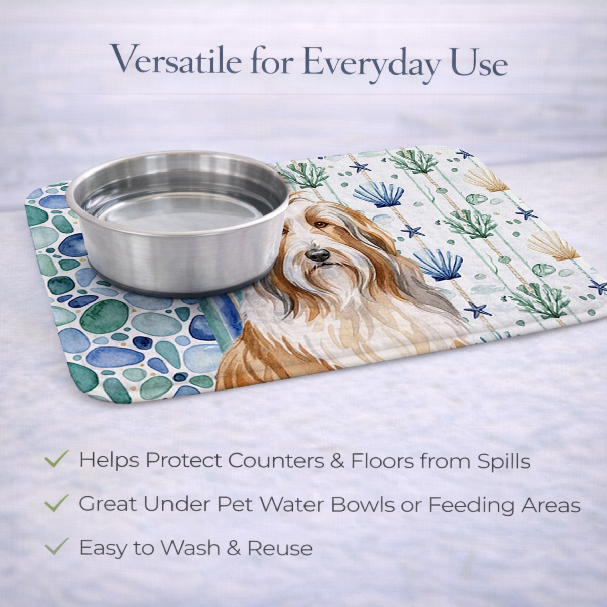 Picture of Carolines Treasures WDK6904DDM 21 x 14 in. Fawn Bearded Collie Coastal Sea Glass Dish Drying Mat