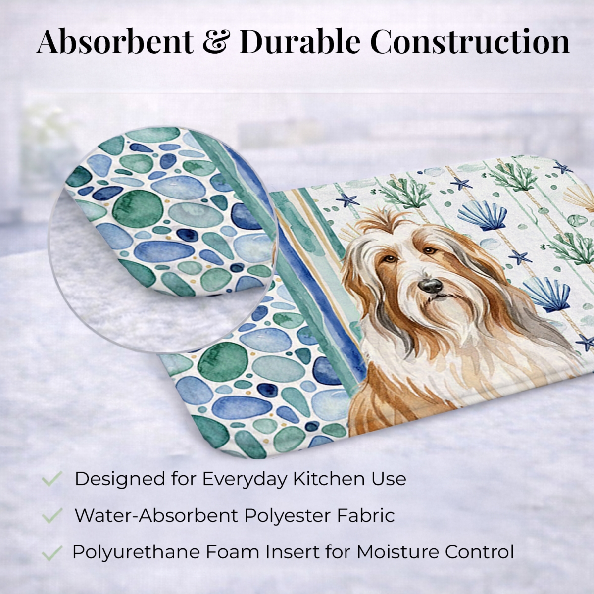 Picture of Carolines Treasures WDK6904DDM 21 x 14 in. Fawn Bearded Collie Coastal Sea Glass Dish Drying Mat