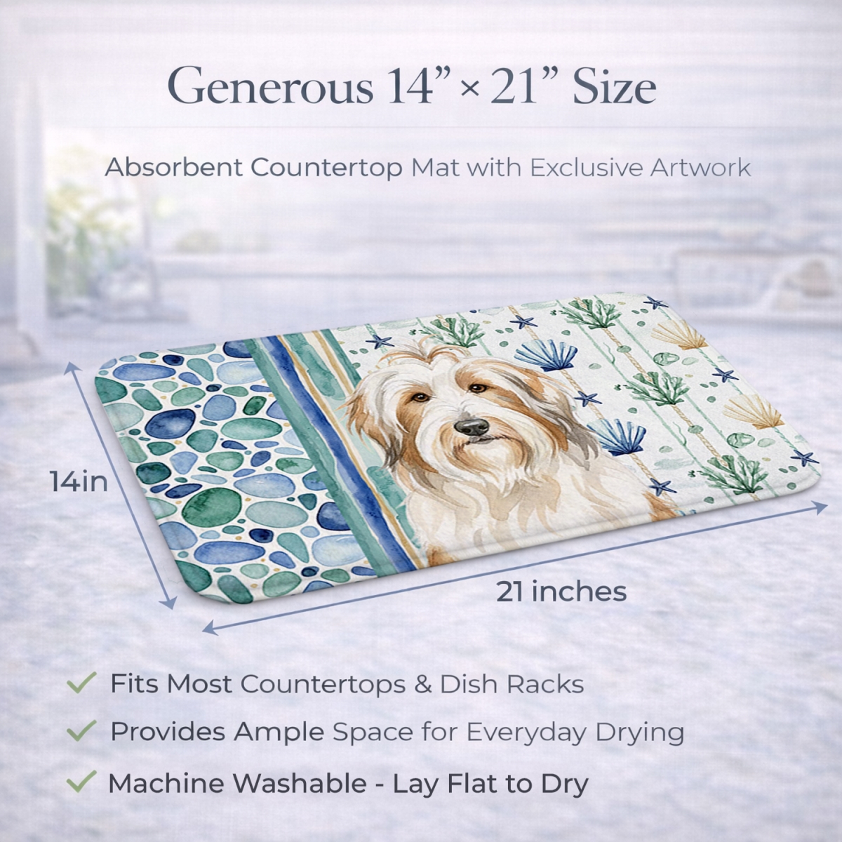 Picture of Carolines Treasures WDK6905DDM 21 x 14 in. White & Tan Bearded Collie Coastal Sea Glass Dish Drying Mat