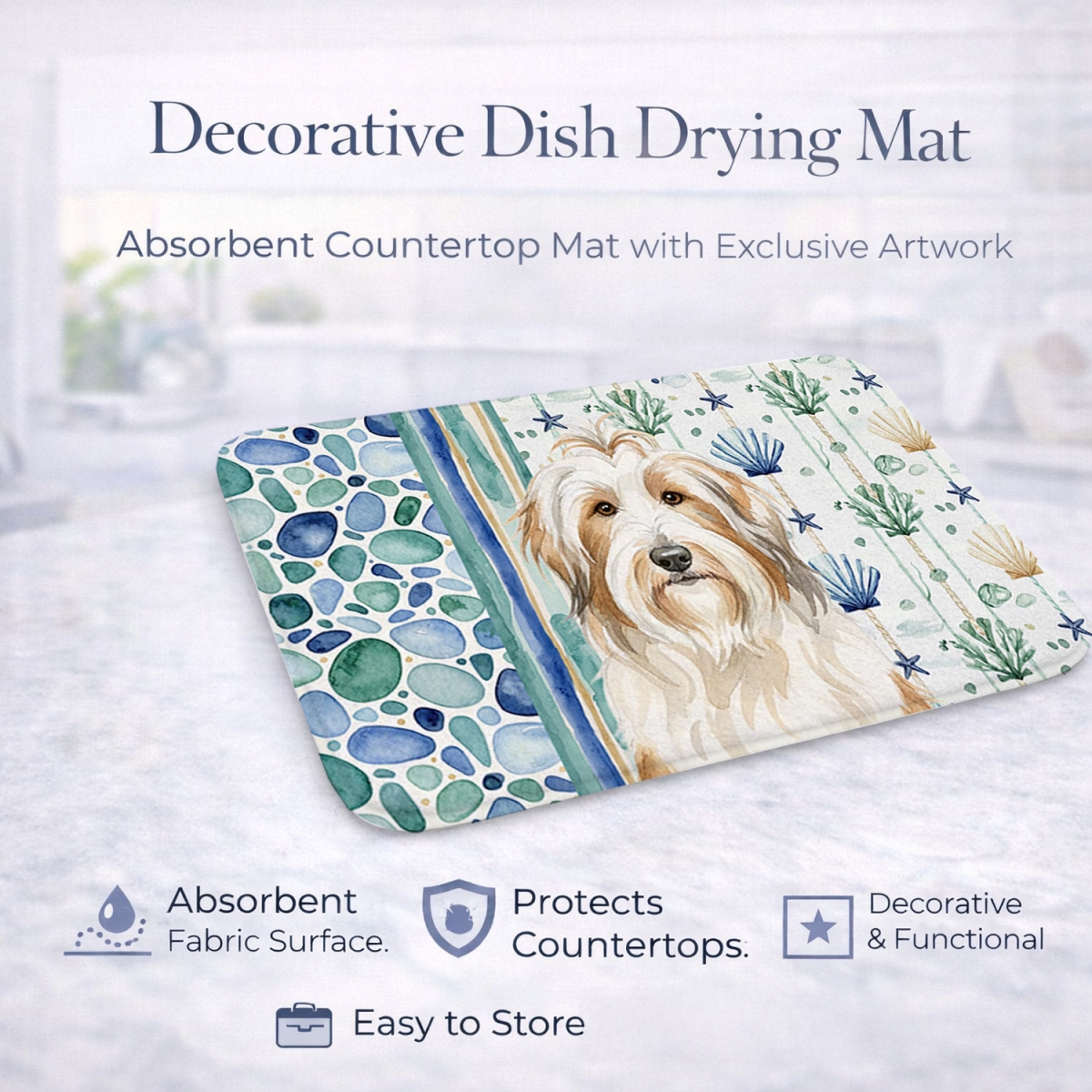 Picture of Carolines Treasures WDK6905DDM 21 x 14 in. White & Tan Bearded Collie Coastal Sea Glass Dish Drying Mat
