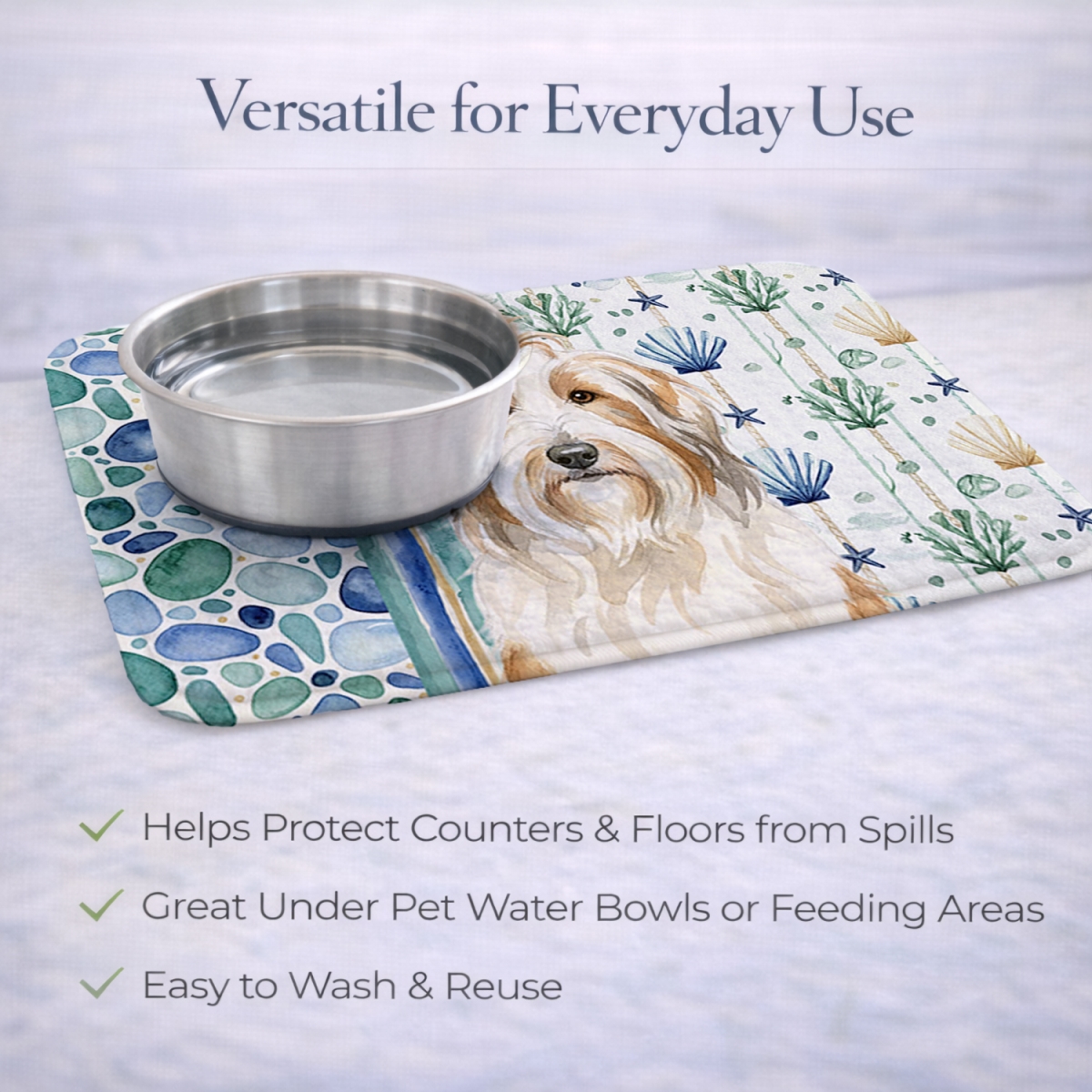 Picture of Carolines Treasures WDK6905DDM 21 x 14 in. White & Tan Bearded Collie Coastal Sea Glass Dish Drying Mat