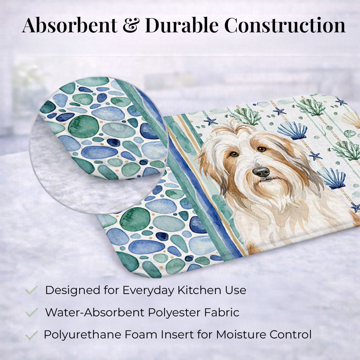 Picture of Carolines Treasures WDK6905DDM 21 x 14 in. White & Tan Bearded Collie Coastal Sea Glass Dish Drying Mat
