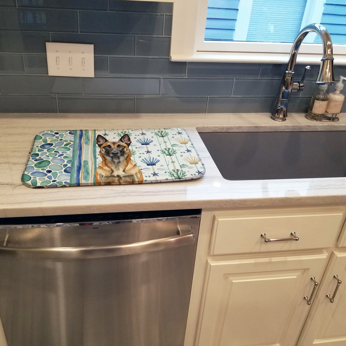 Picture of Carolines Treasures WDK6908DDM 21 x 14 in. Belgian Malinois Coastal Sea Glass Dish Drying Mat