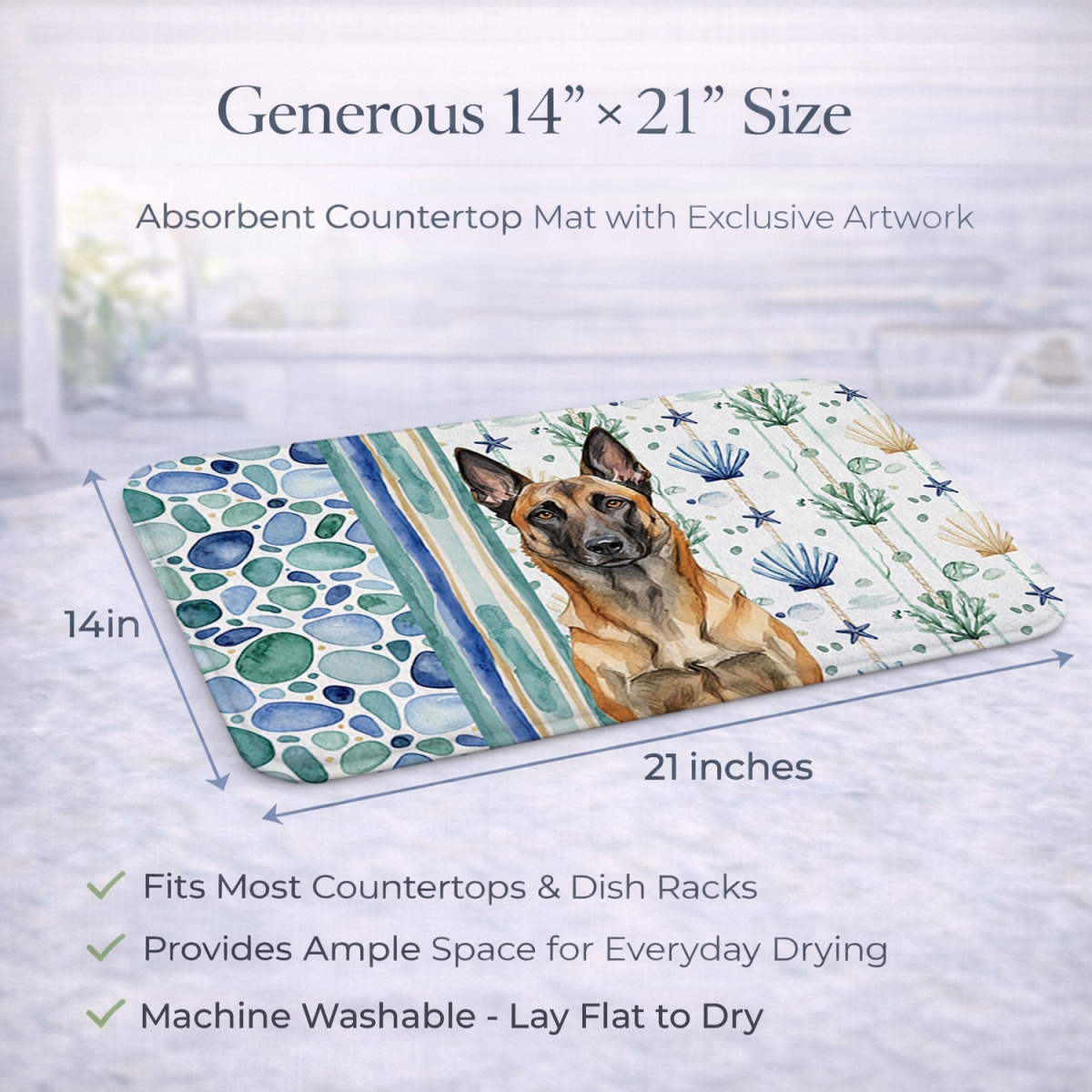 Picture of Carolines Treasures WDK6908DDM 21 x 14 in. Belgian Malinois Coastal Sea Glass Dish Drying Mat