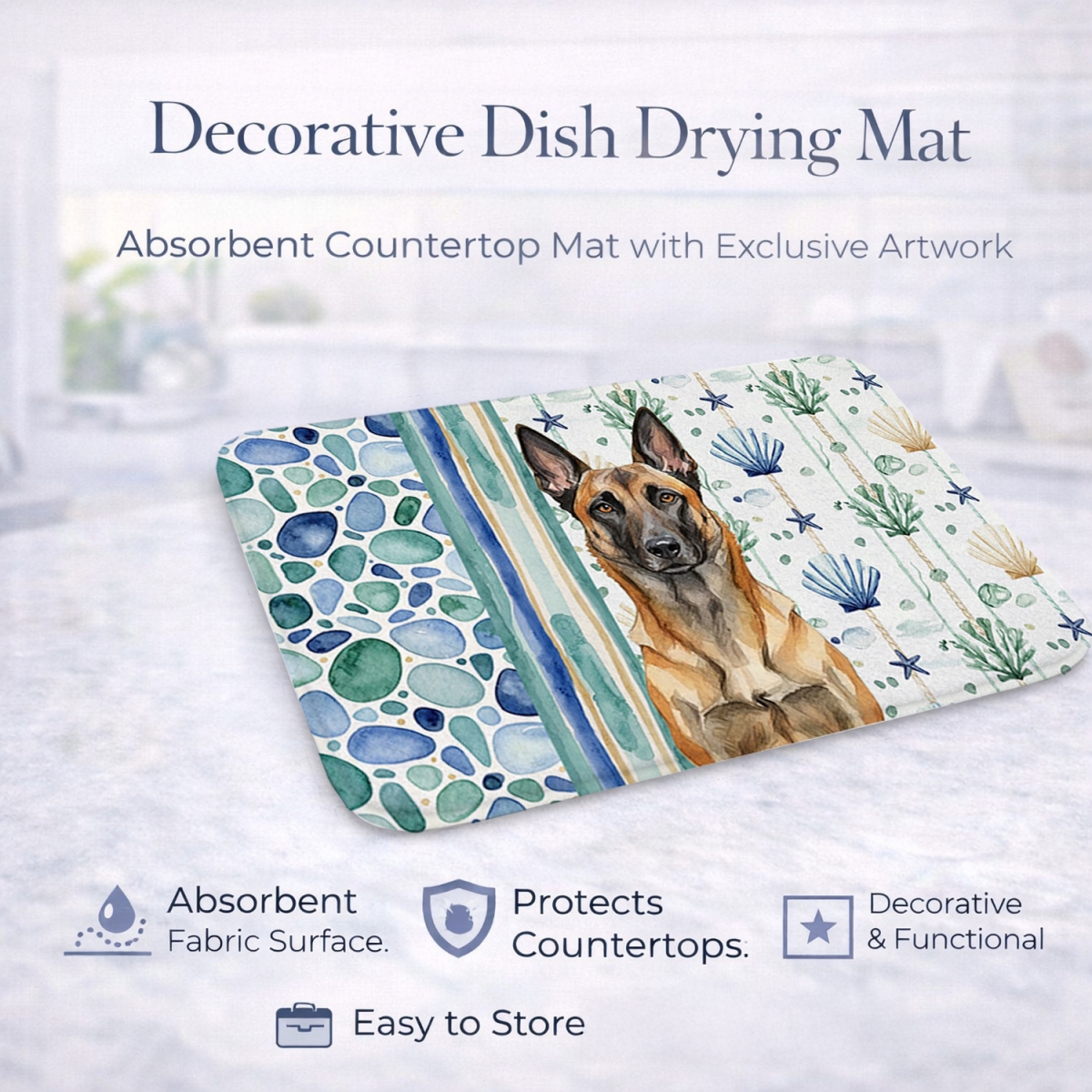 Picture of Carolines Treasures WDK6908DDM 21 x 14 in. Belgian Malinois Coastal Sea Glass Dish Drying Mat