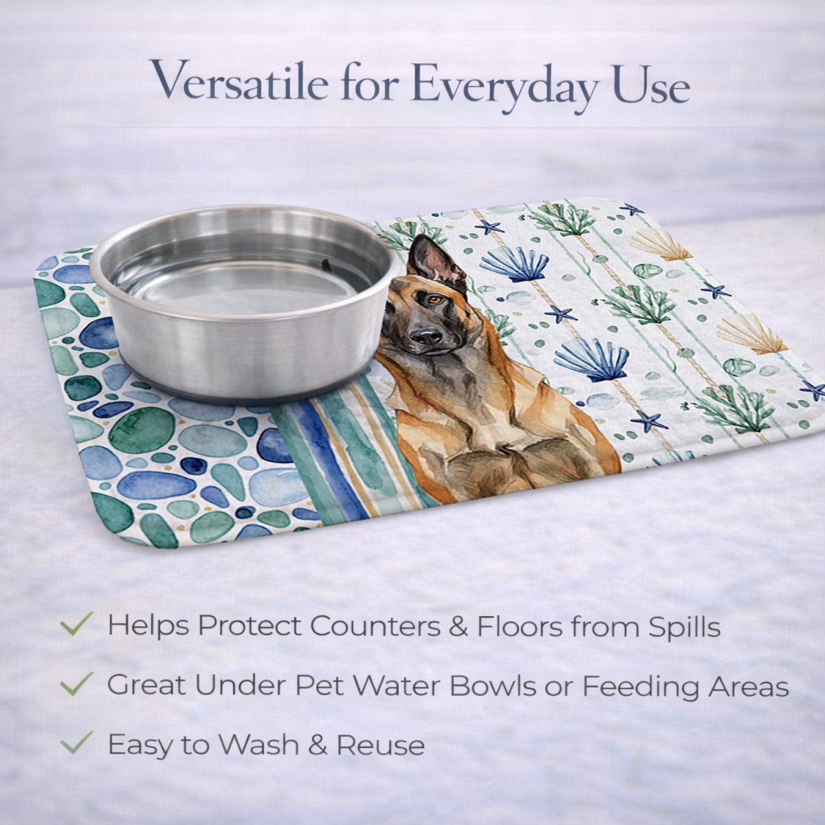 Picture of Carolines Treasures WDK6908DDM 21 x 14 in. Belgian Malinois Coastal Sea Glass Dish Drying Mat