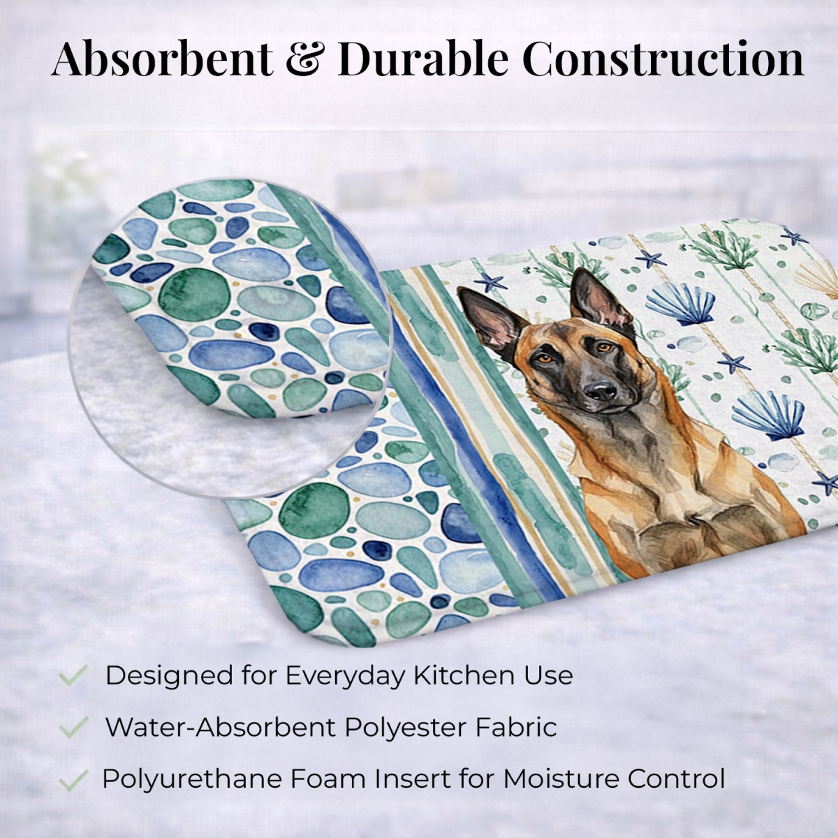 Picture of Carolines Treasures WDK6908DDM 21 x 14 in. Belgian Malinois Coastal Sea Glass Dish Drying Mat