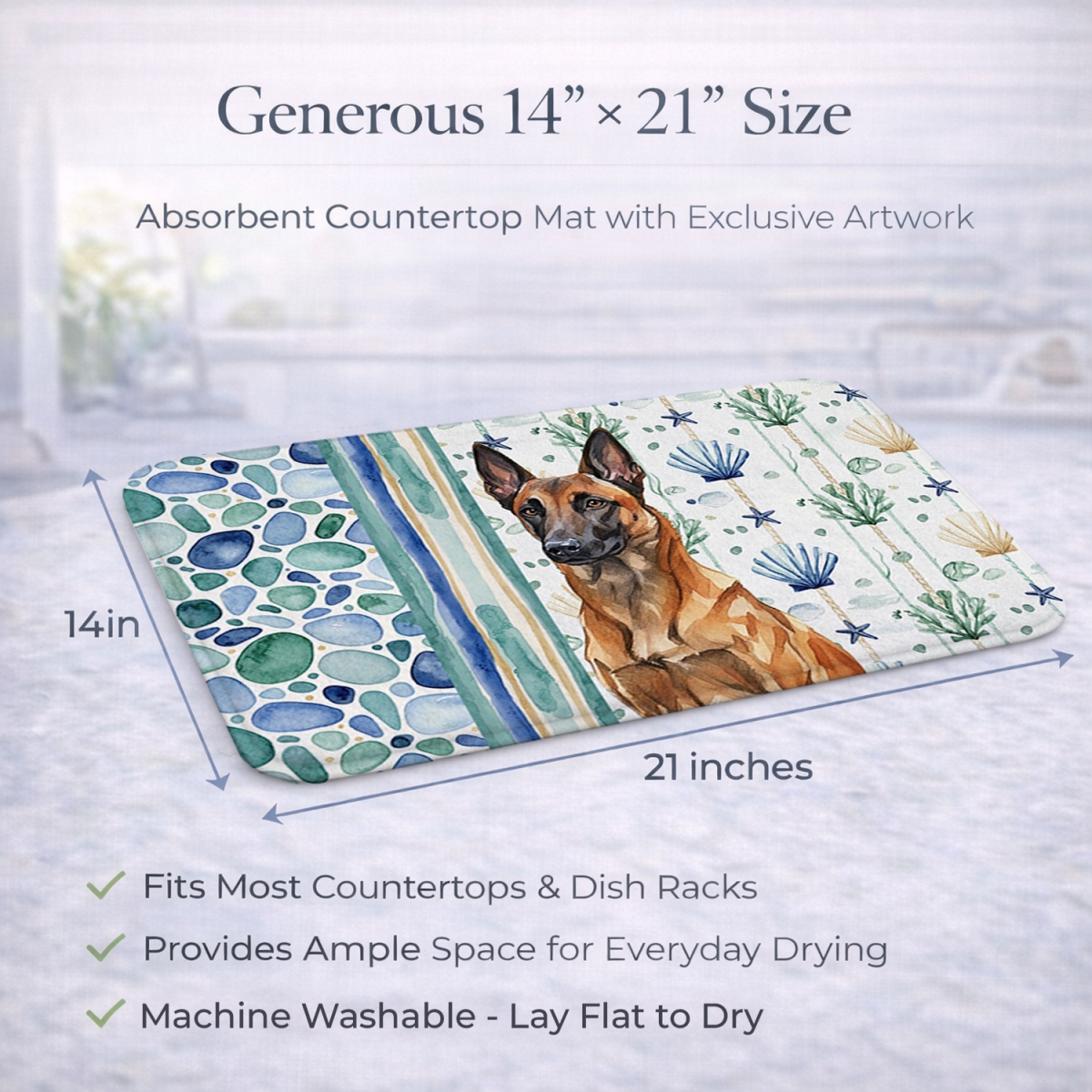 Picture of Carolines Treasures WDK6909DDM 21 x 14 in. Mahogany Belgian Malinois Coastal Sea Glass Dish Drying Mat
