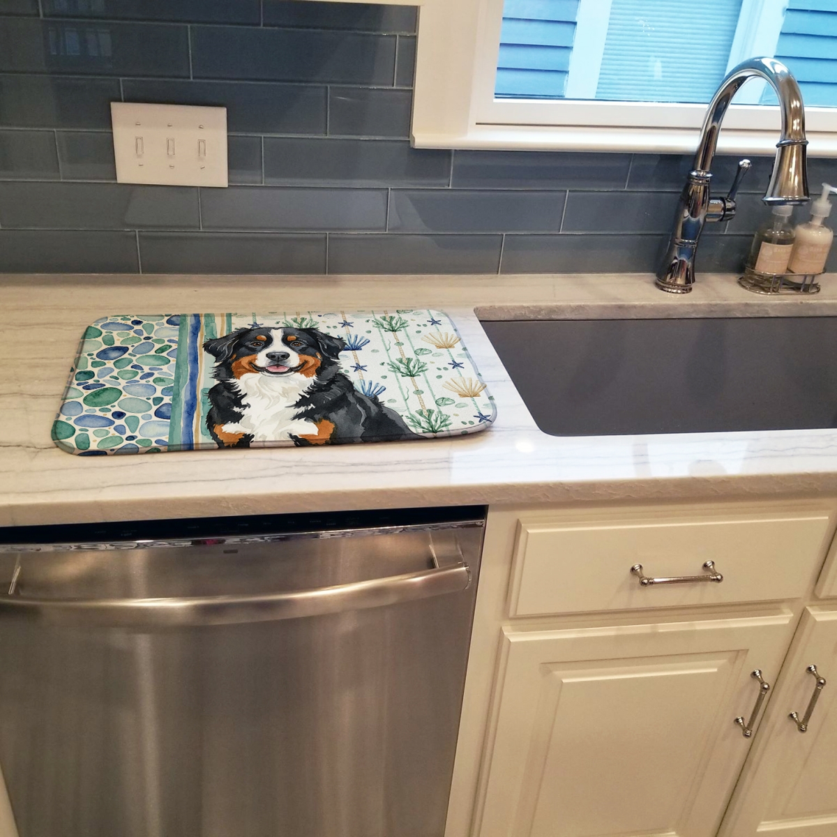 Picture of Carolines Treasures WDK6913DDM 21 x 14 in. Bernese Mountain Dog Coastal Sea Glass Dish Drying Mat