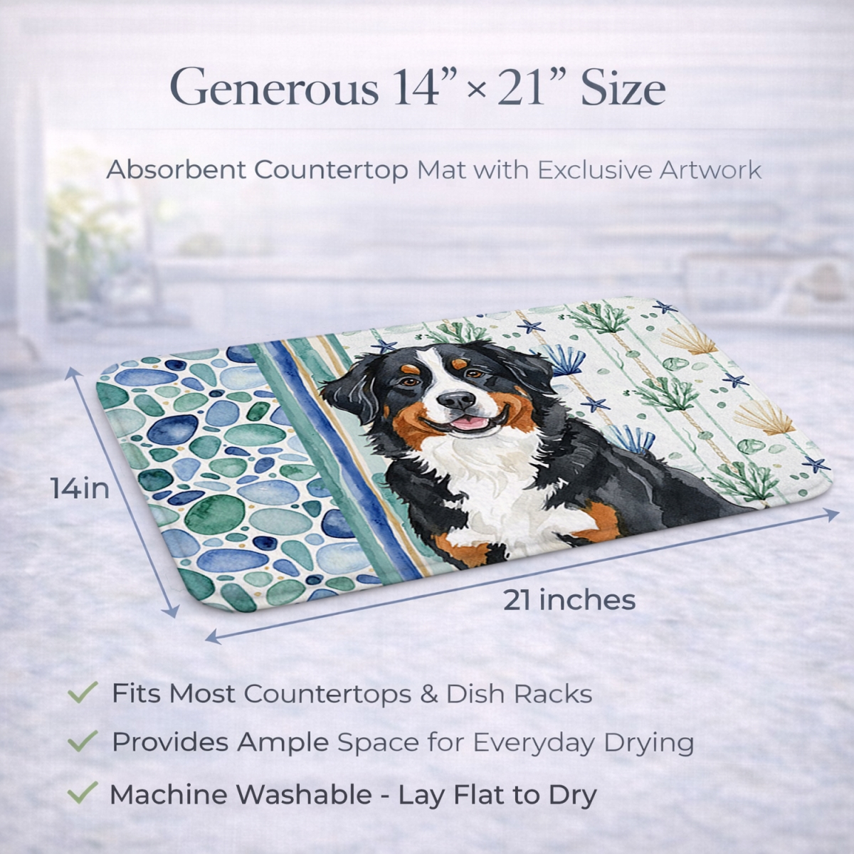 Picture of Carolines Treasures WDK6913DDM 21 x 14 in. Bernese Mountain Dog Coastal Sea Glass Dish Drying Mat