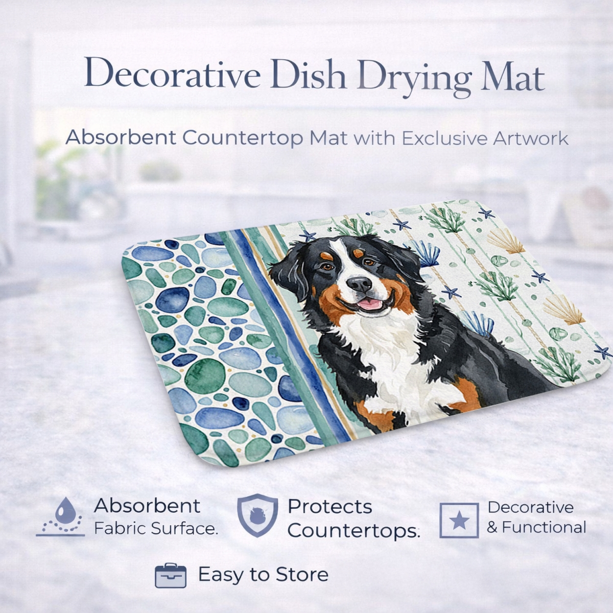 Picture of Carolines Treasures WDK6913DDM 21 x 14 in. Bernese Mountain Dog Coastal Sea Glass Dish Drying Mat