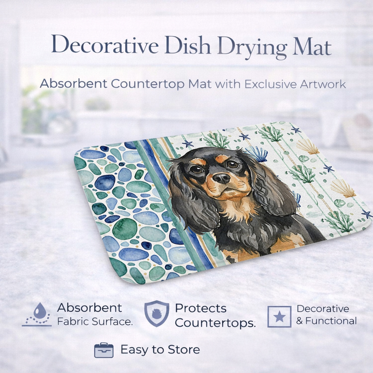 Picture of Carolines Treasures WDK7034DDM 21 x 14 in. Black & Tan English Toy Spaniel Coastal Sea Glass Dish Drying Mat