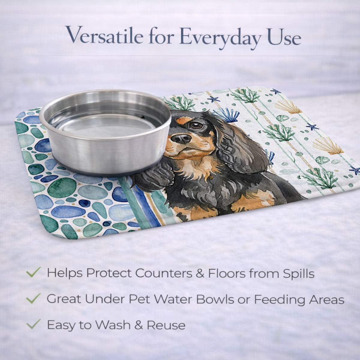 Picture of Carolines Treasures WDK7034DDM 21 x 14 in. Black & Tan English Toy Spaniel Coastal Sea Glass Dish Drying Mat