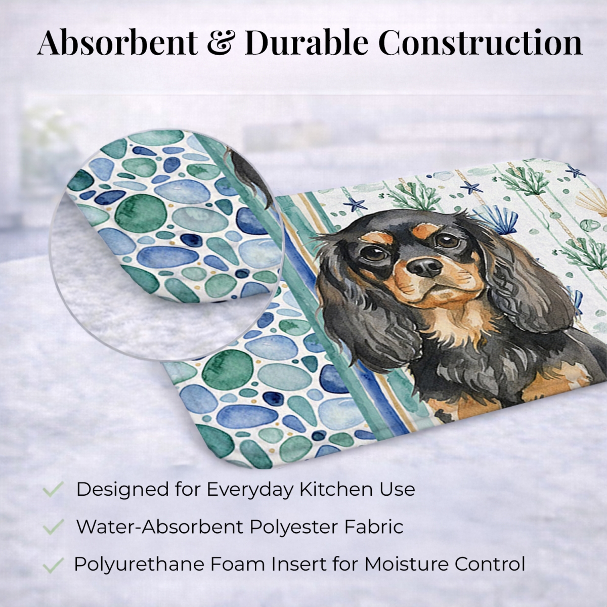Picture of Carolines Treasures WDK7034DDM 21 x 14 in. Black & Tan English Toy Spaniel Coastal Sea Glass Dish Drying Mat