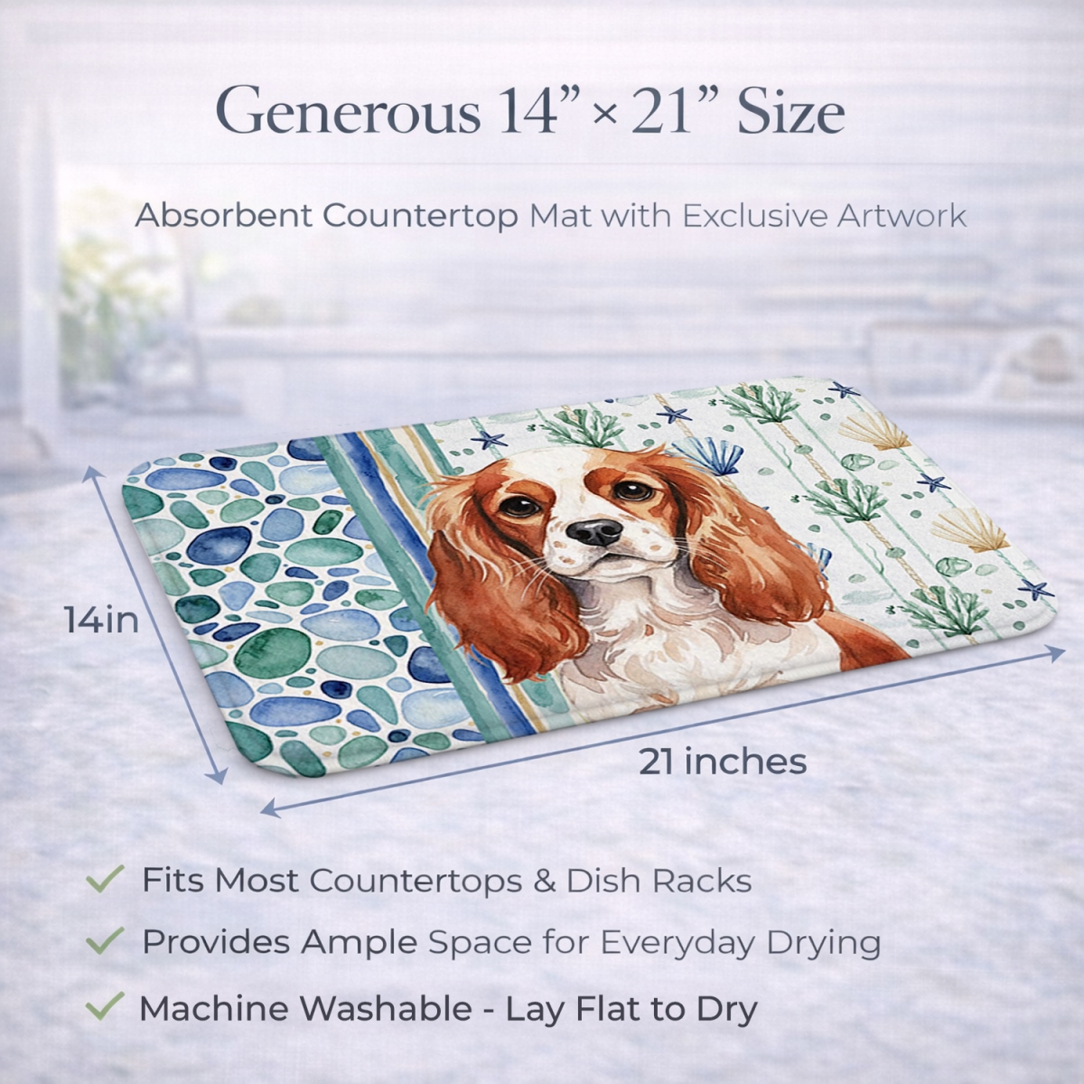 Picture of Carolines Treasures WDK7035DDM 21 x 14 in. Blenheim English Toy Spaniel Coastal Sea Glass Dish Drying Mat