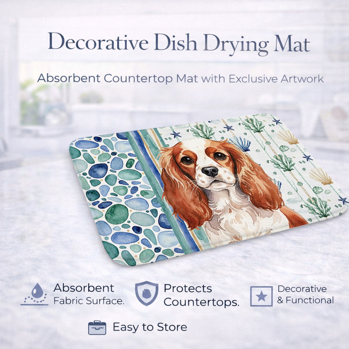 Picture of Carolines Treasures WDK7035DDM 21 x 14 in. Blenheim English Toy Spaniel Coastal Sea Glass Dish Drying Mat