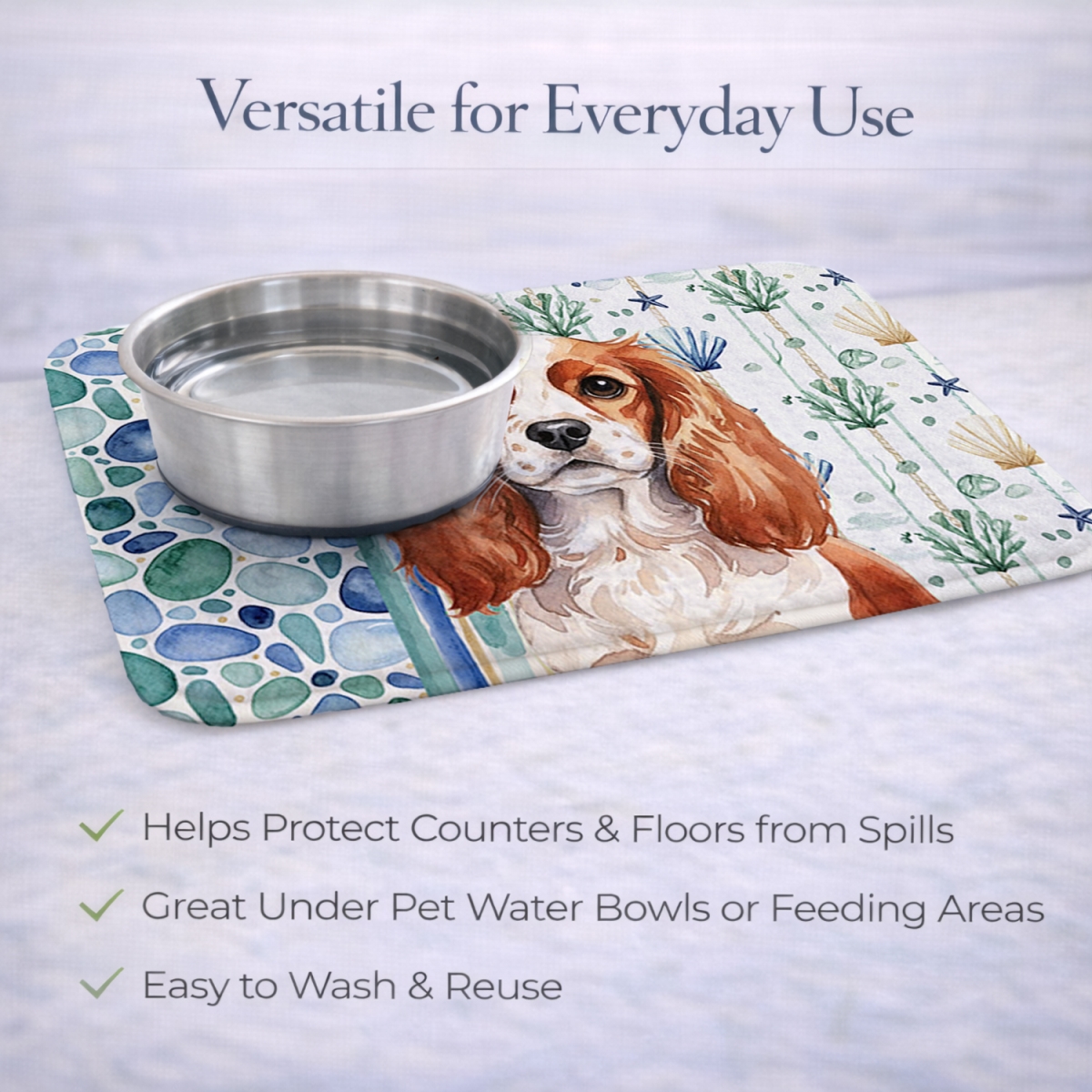 Picture of Carolines Treasures WDK7035DDM 21 x 14 in. Blenheim English Toy Spaniel Coastal Sea Glass Dish Drying Mat