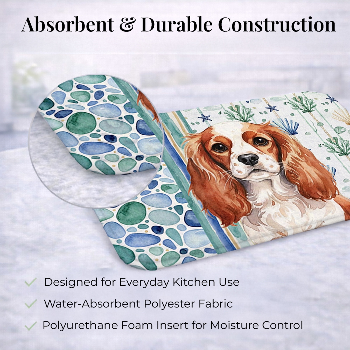 Picture of Carolines Treasures WDK7035DDM 21 x 14 in. Blenheim English Toy Spaniel Coastal Sea Glass Dish Drying Mat