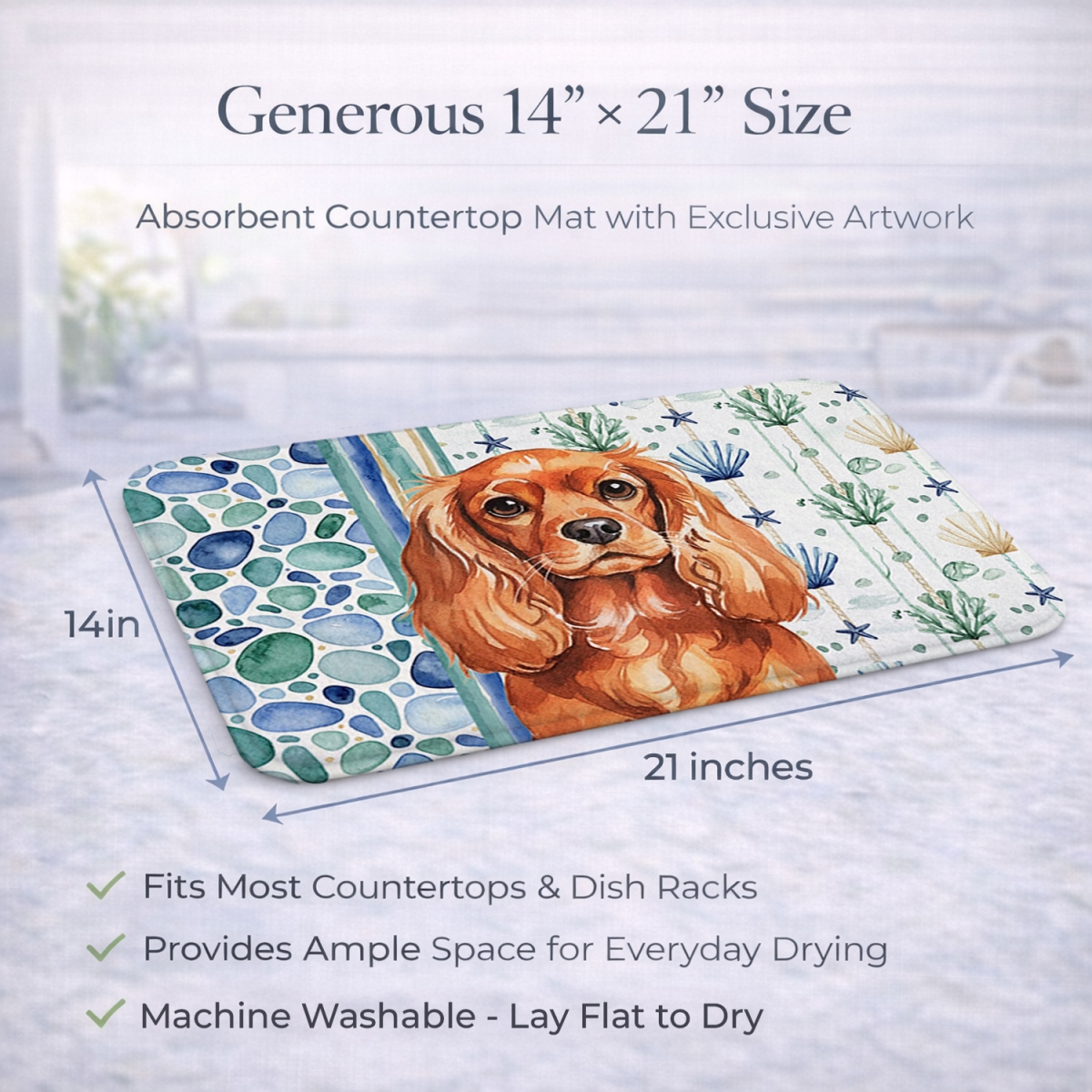 Picture of Carolines Treasures WDK7036DDM 21 x 14 in. Ruby English Toy Spaniel Coastal Sea Glass Dish Drying Mat