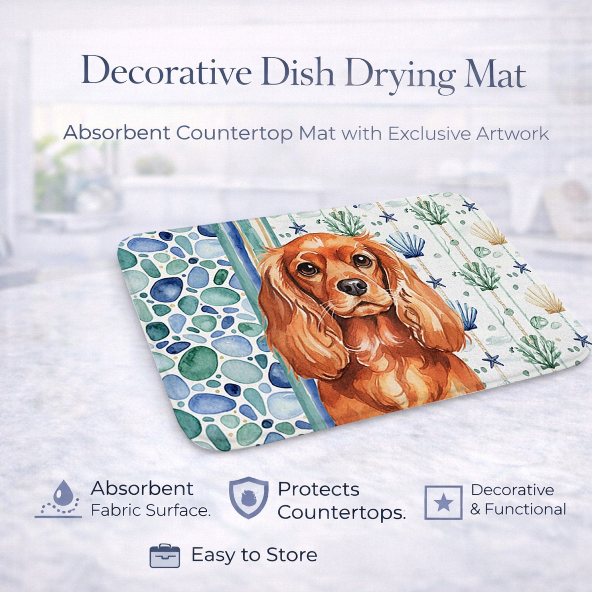 Picture of Carolines Treasures WDK7036DDM 21 x 14 in. Ruby English Toy Spaniel Coastal Sea Glass Dish Drying Mat