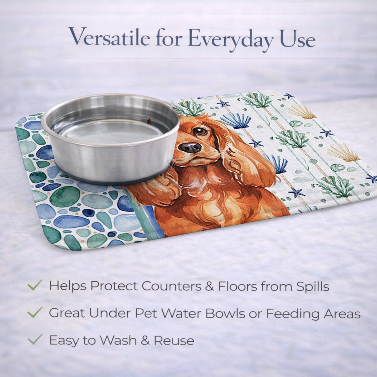 Picture of Carolines Treasures WDK7036DDM 21 x 14 in. Ruby English Toy Spaniel Coastal Sea Glass Dish Drying Mat