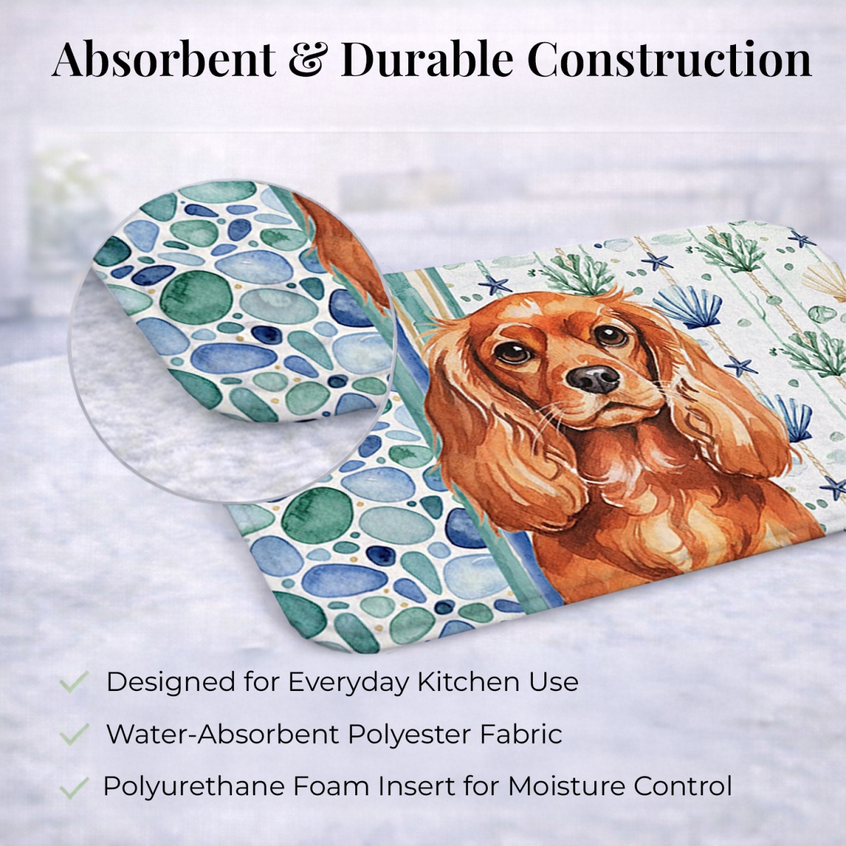 Picture of Carolines Treasures WDK7036DDM 21 x 14 in. Ruby English Toy Spaniel Coastal Sea Glass Dish Drying Mat