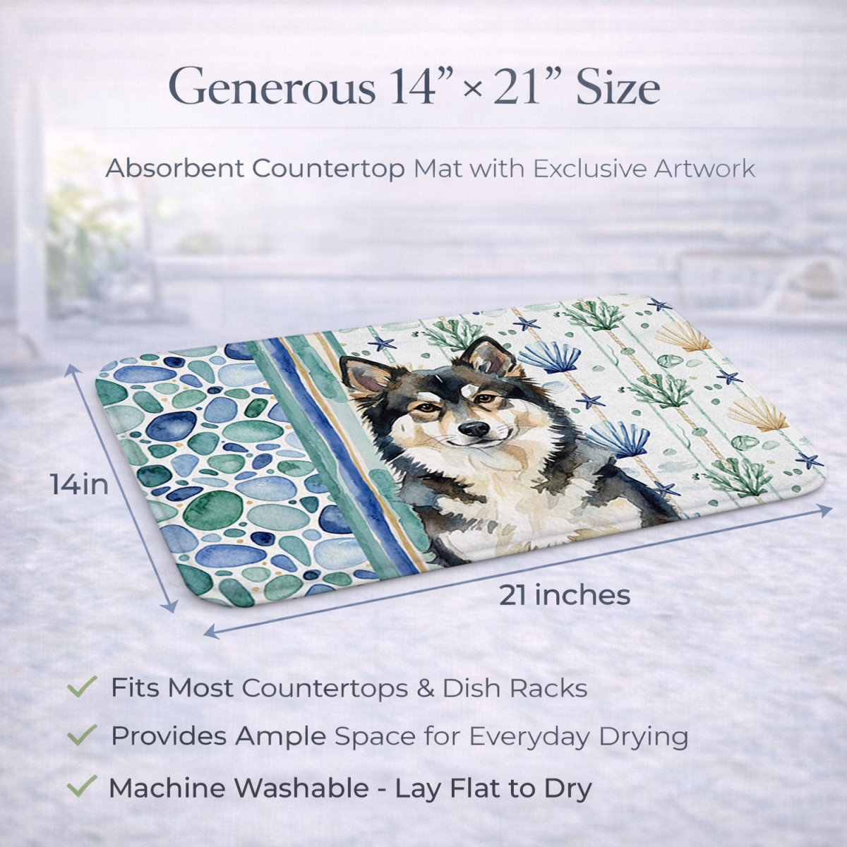 Picture of Carolines Treasures WDK7037DDM 21 x 14 in. Finnish Lapphund Coastal Sea Glass Dish Drying Mat