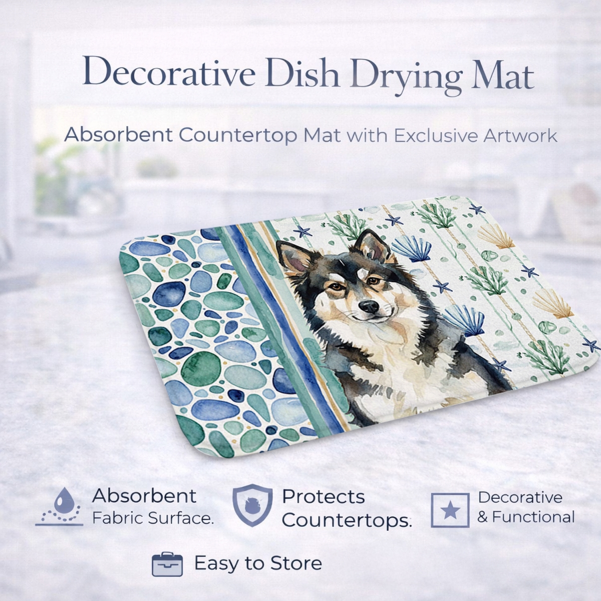 Picture of Carolines Treasures WDK7037DDM 21 x 14 in. Finnish Lapphund Coastal Sea Glass Dish Drying Mat