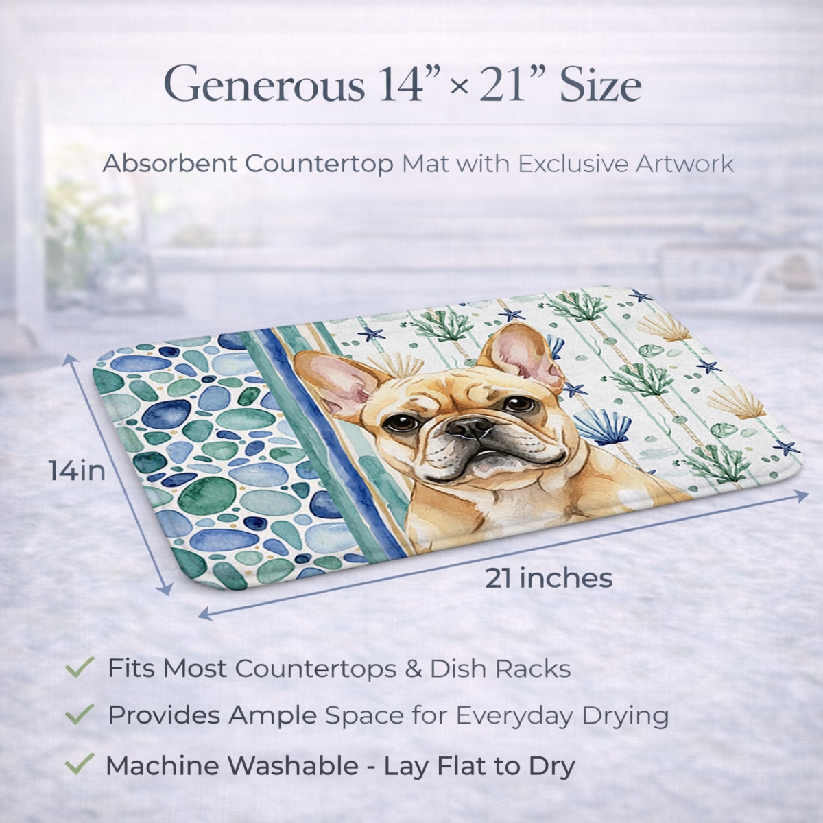 Picture of Carolines Treasures WDK7040DDM 21 x 14 in. Fawn French Bulldog Coastal Sea Glass Dish Drying Mat