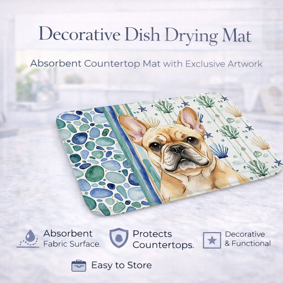 Picture of Carolines Treasures WDK7040DDM 21 x 14 in. Fawn French Bulldog Coastal Sea Glass Dish Drying Mat