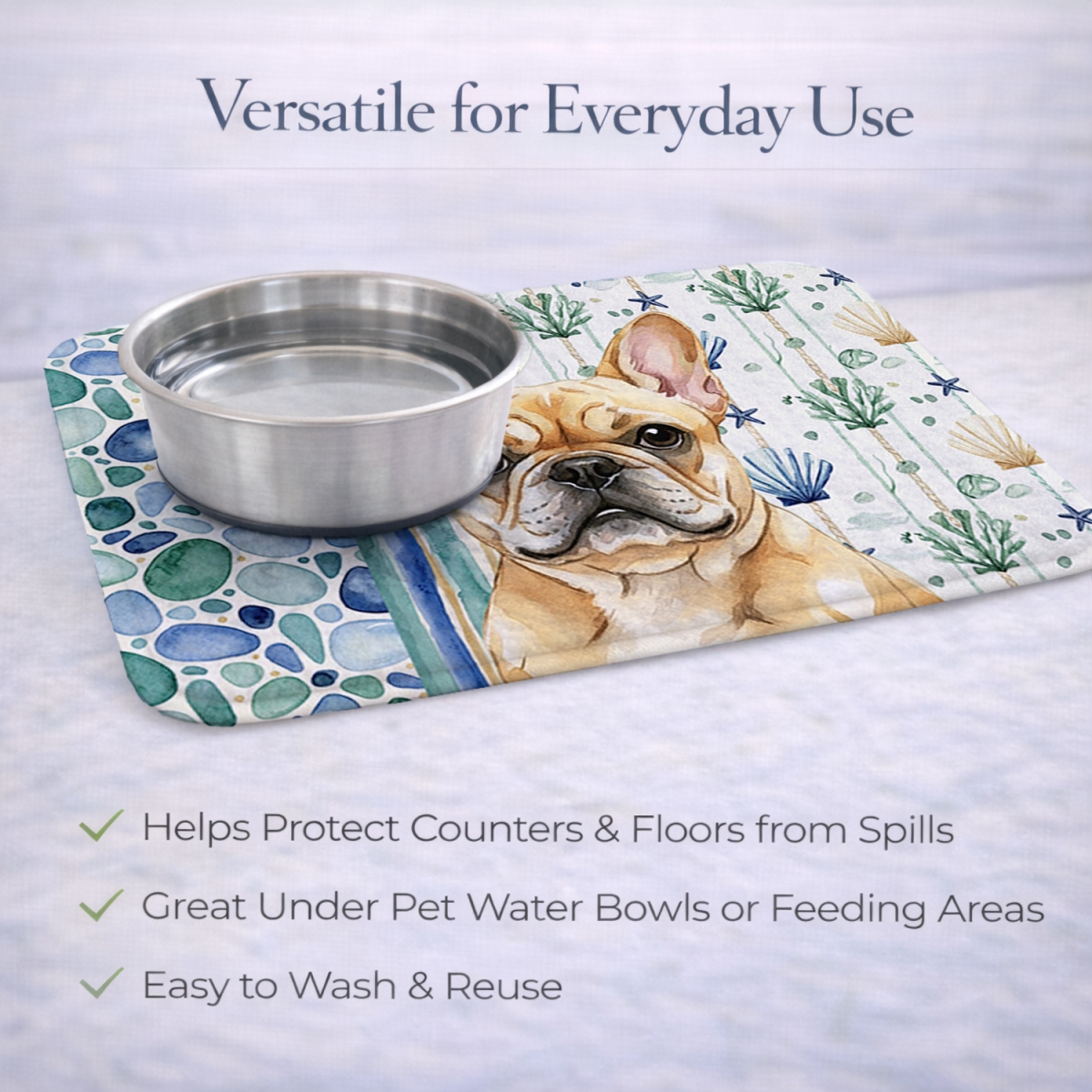 Picture of Carolines Treasures WDK7040DDM 21 x 14 in. Fawn French Bulldog Coastal Sea Glass Dish Drying Mat