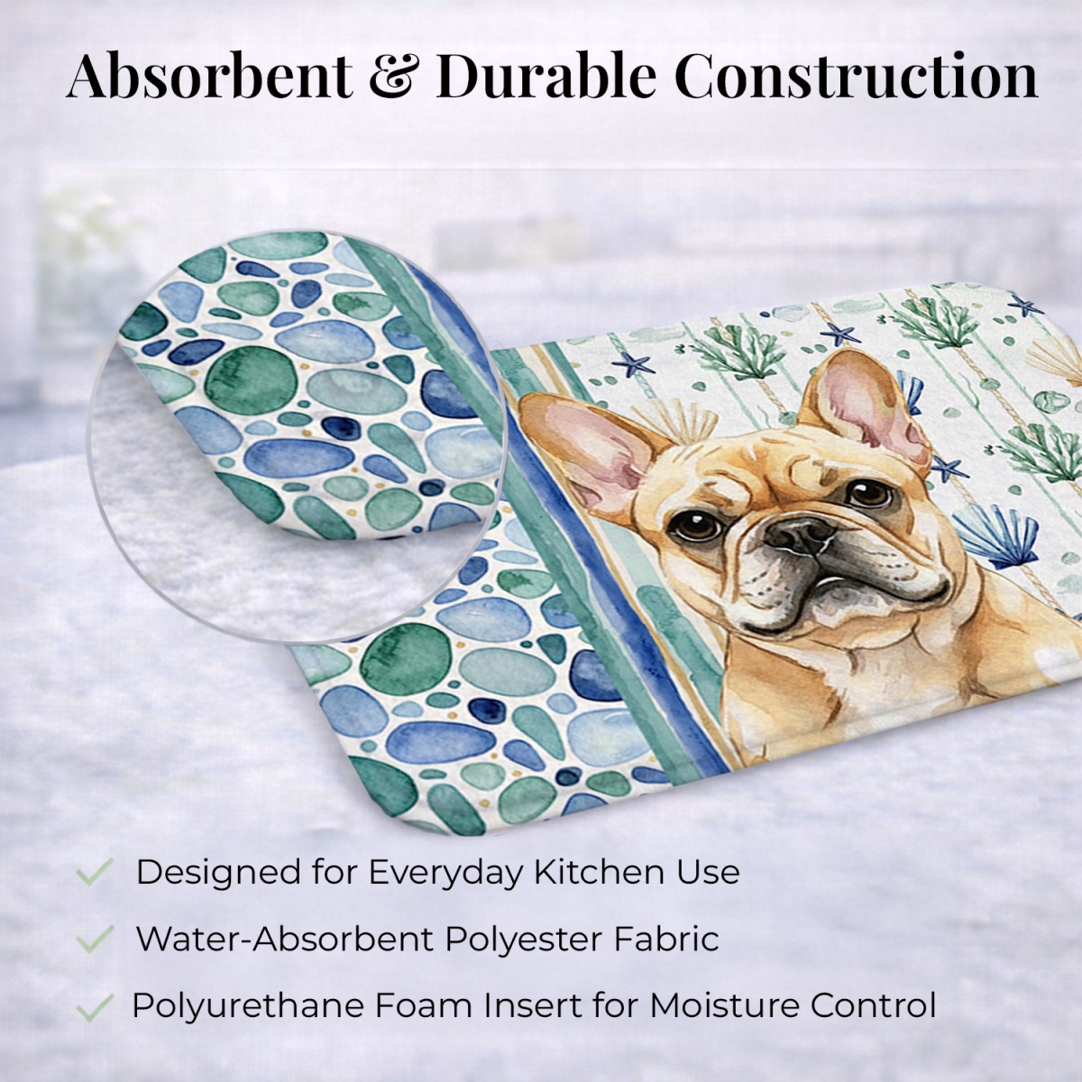 Picture of Carolines Treasures WDK7040DDM 21 x 14 in. Fawn French Bulldog Coastal Sea Glass Dish Drying Mat