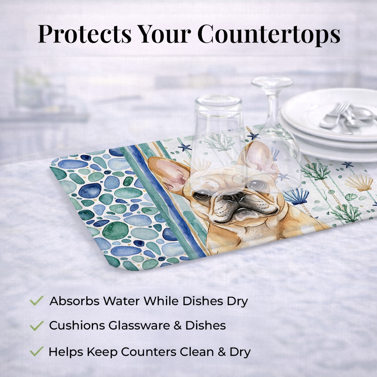 Picture of Carolines Treasures WDK7040DDM 21 x 14 in. Fawn French Bulldog Coastal Sea Glass Dish Drying Mat
