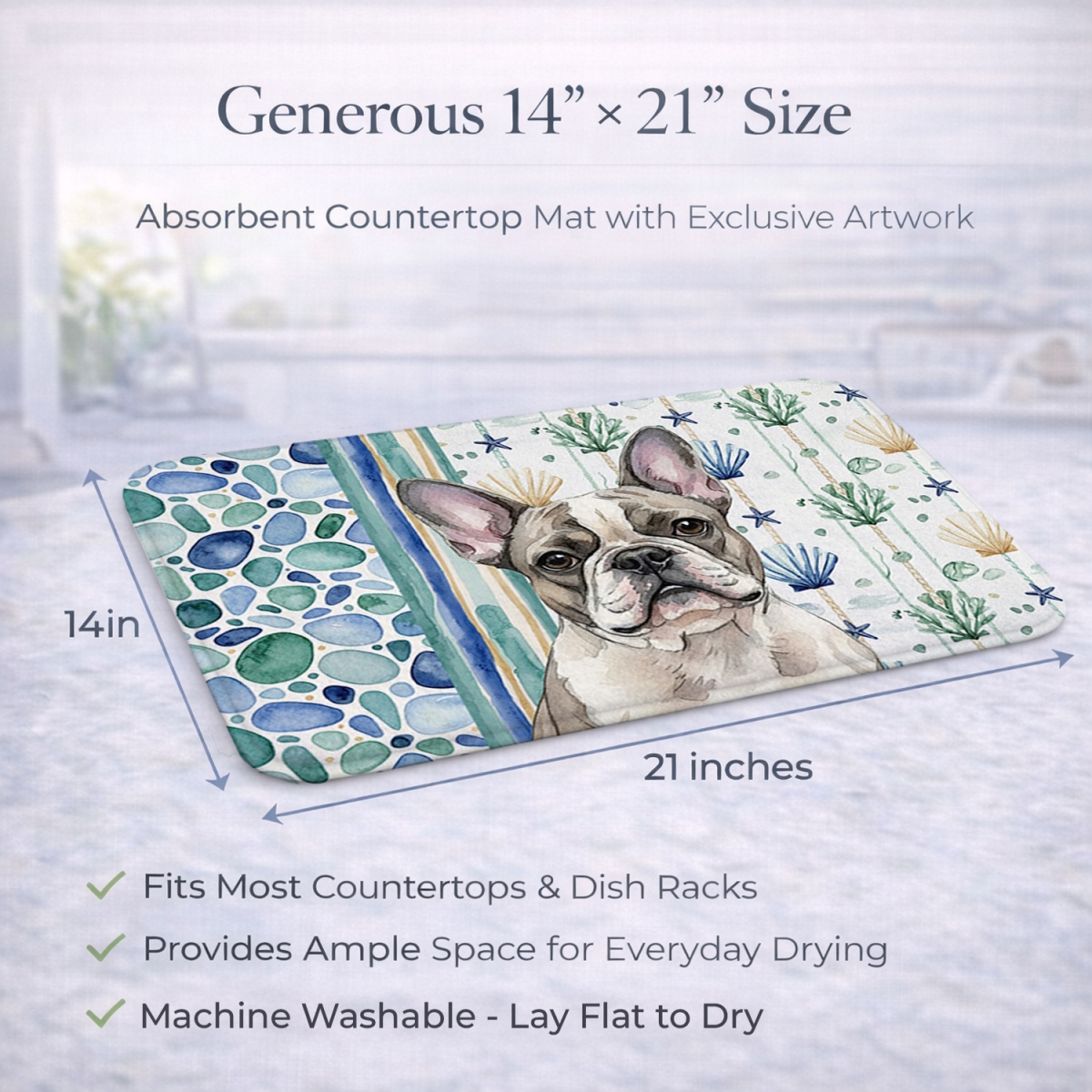Picture of Carolines Treasures WDK7041DDM 21 x 14 in. Pied French Bulldog Coastal Sea Glass Dish Drying Mat