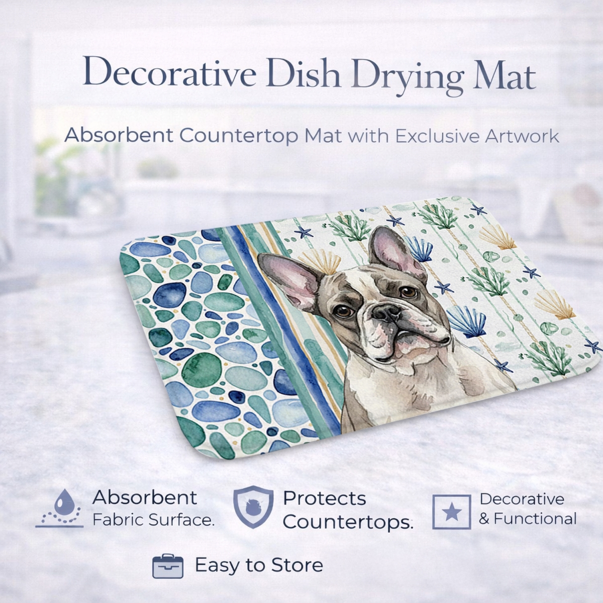 Picture of Carolines Treasures WDK7041DDM 21 x 14 in. Pied French Bulldog Coastal Sea Glass Dish Drying Mat