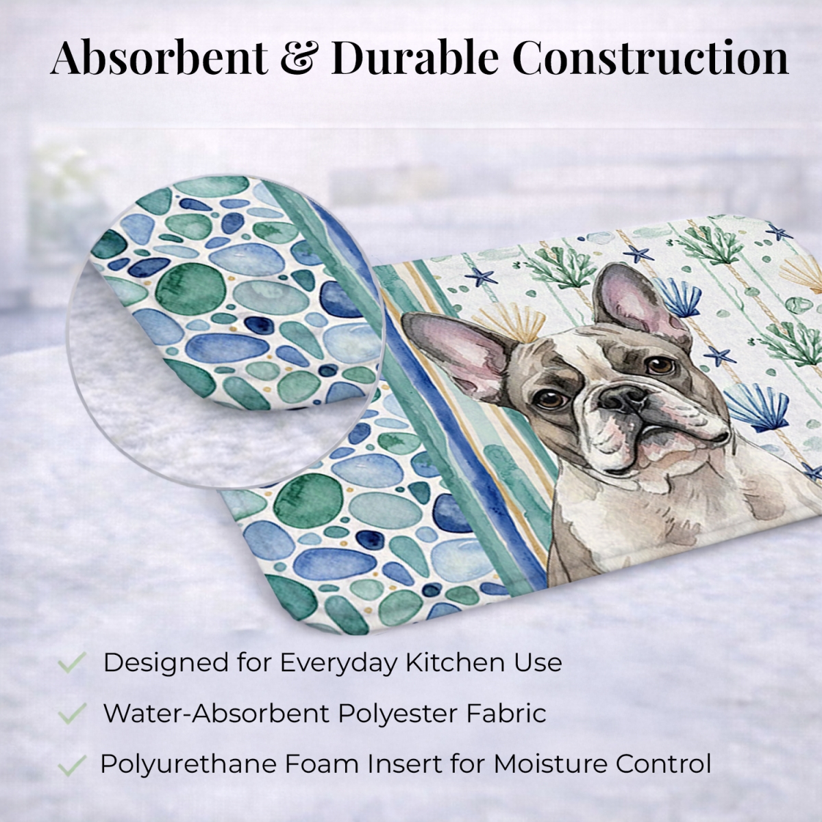 Picture of Carolines Treasures WDK7041DDM 21 x 14 in. Pied French Bulldog Coastal Sea Glass Dish Drying Mat