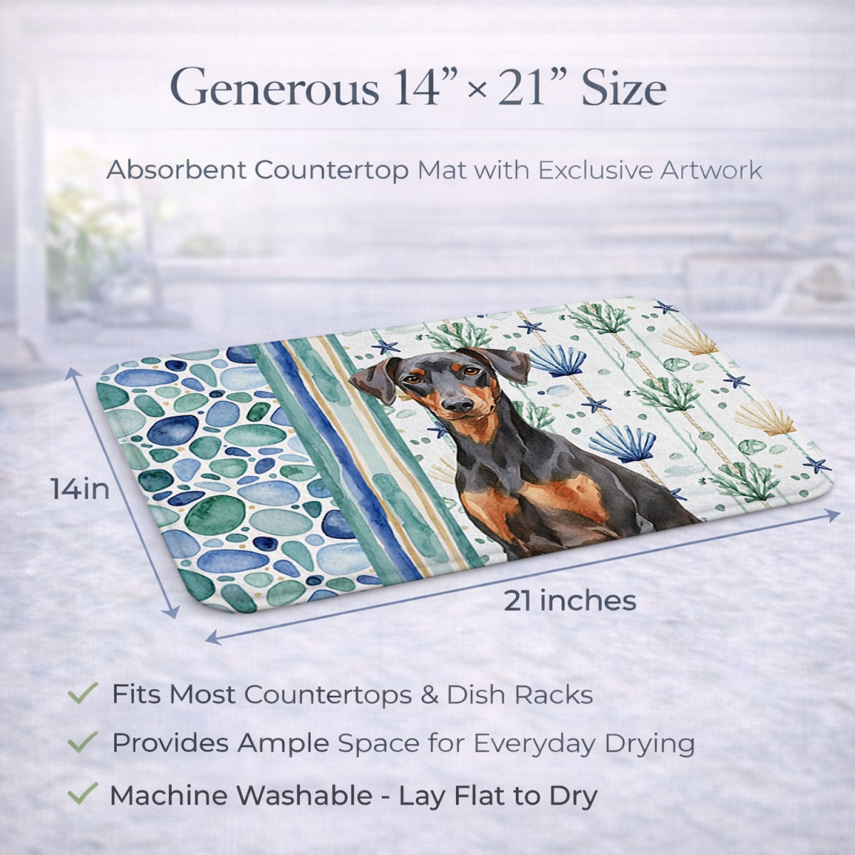 Picture of Carolines Treasures WDK7042DDM 21 x 14 in. German Pinscher Coastal Sea Glass Dish Drying Mat