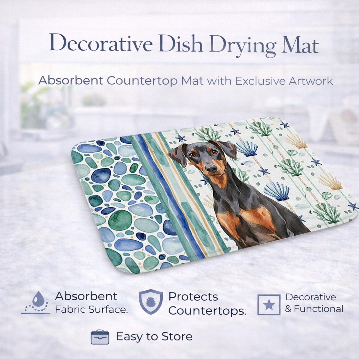 Picture of Carolines Treasures WDK7042DDM 21 x 14 in. German Pinscher Coastal Sea Glass Dish Drying Mat