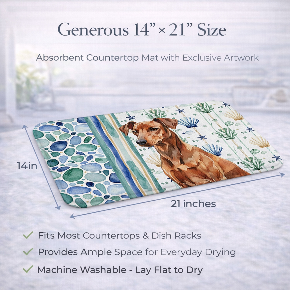 Picture of Carolines Treasures WDK7043DDM 21 x 14 in. Red German Pinscher Coastal Sea Glass Dish Drying Mat