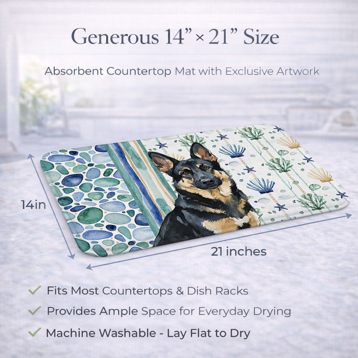 Picture of Carolines Treasures WDK7044DDM 21 x 14 in. Black & Tan German Shepherd Coastal Sea Glass Dish Drying Mat