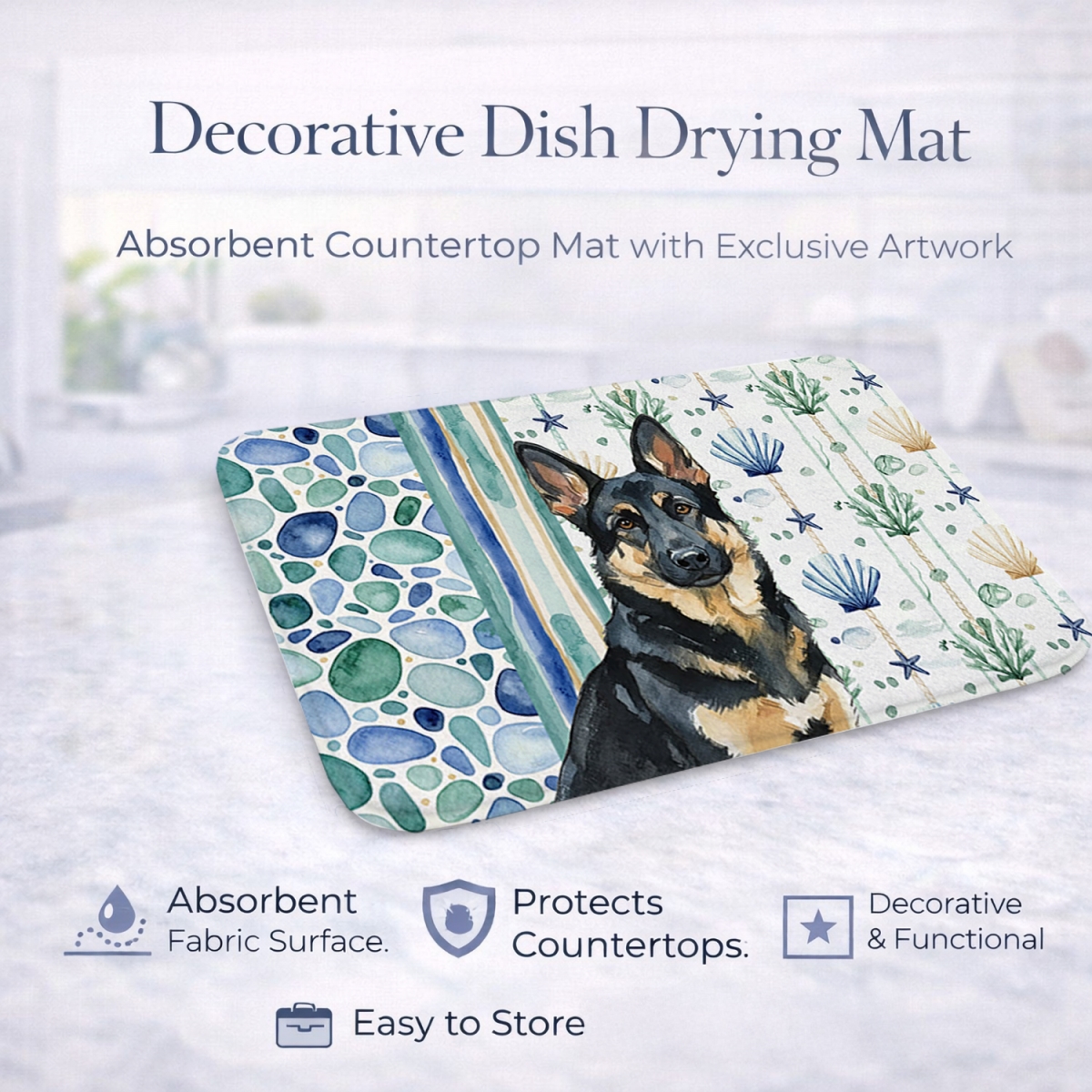 Picture of Carolines Treasures WDK7044DDM 21 x 14 in. Black & Tan German Shepherd Coastal Sea Glass Dish Drying Mat