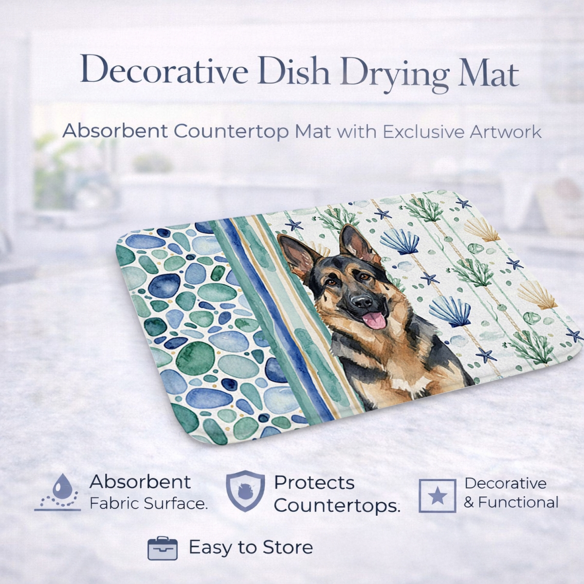 Picture of Carolines Treasures WDK7046DDM 21 x 14 in. German Shepherd Coastal Sea Glass Dish Drying Mat