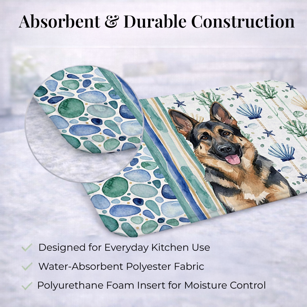 Picture of Carolines Treasures WDK7046DDM 21 x 14 in. German Shepherd Coastal Sea Glass Dish Drying Mat